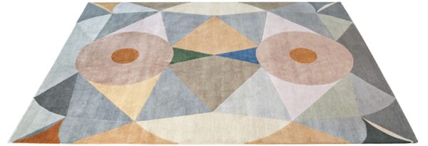 A sophisticated carpet with beautiful geometric design, harkening to mid-century design.